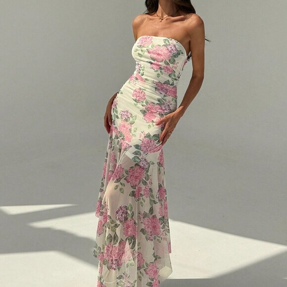 Multicolor Boho Womens Romantic Strapless Floral Mesh Asymmetrical Bodycon Dress - Picture 1 of 8